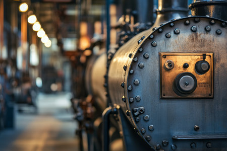 Close up of vintage steam boiler in workshop with warm light and blurred textile machineryの写真素材