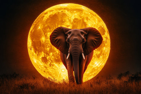 Majestic elephant under a glowing harvest moon a stunning wildlife travel poster sceneの写真素材