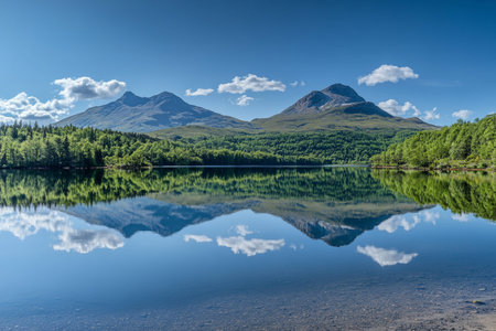 Stunning panoramic view of mountain peaks reflected in lake surrounded by lush forest and blue sky