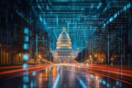 Digital data and binary code overlaying the us capitol building a vision of digital transformationの写真素材