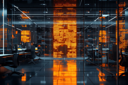 Futuristic office space design featuring glowing code, sleek furniture, and high tech ambiance