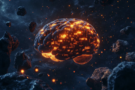 3d visualization of a brain surrounded by cosmic elements and illuminated by digital codeの写真素材