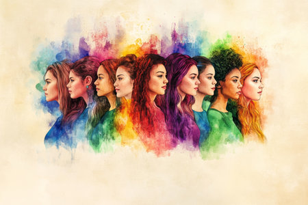 Diverse women celebrating empowerment and unity on international women's day in watercolor artの写真素材