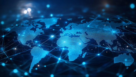 Futuristic digital world map with glowing connections for communication and social media banner