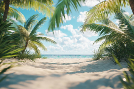 Tropical beach scene featuring palm trees and clear blue sky for summer vacation inspirationの写真素材