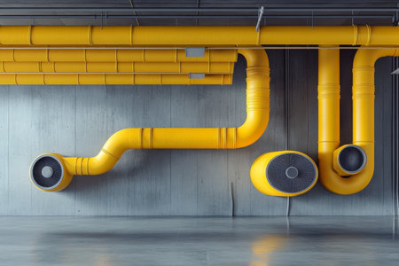 Modern building interior featuring yellow air venting pipes and fans for central heating systemの写真素材