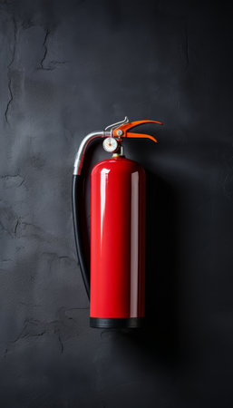 Fire extinguisher mounted on a wall against dark concrete, emphasizing fire safety equipment conceptの写真素材