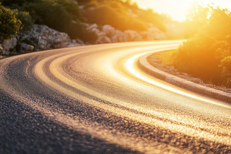 Golden sunset over winding mountain road with motion blur of vehicles in a scenic summer landscapeの写真素材