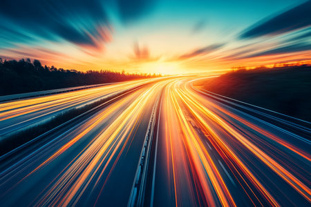 Highway road captured with motion blur against a vibrant blue and orange backgroundの写真素材