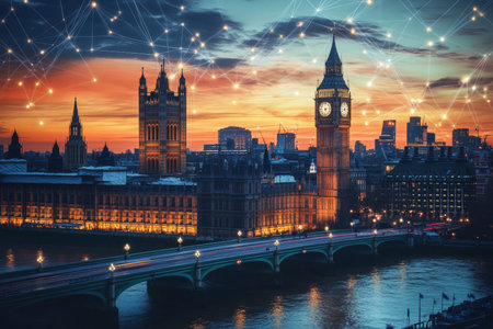 Stunning sunset over London big ben and house of parliament connected by glowing dots in skyline