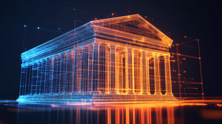 Digital wireframe hologram of a roman style bank building with light effects on dark backgroundの写真素材