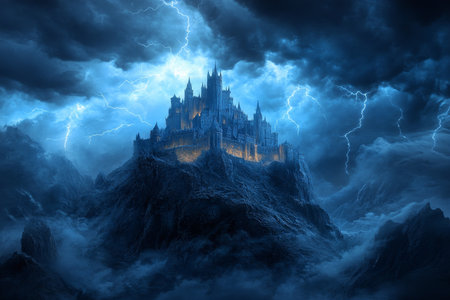 Ominous castle on a mountain under a stormy sky a dark fantasy artwork with lightningの写真素材