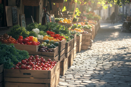 Vibrant outdoor market in morning sunlight showcasing fresh produce amidst cobblestone streetsの写真素材