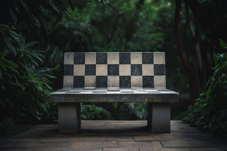 Modern concrete bench with checkered backrest design in lush outdoor park settingの写真素材