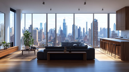 Stylish three bedroom apartment with modern nyc design and city skyline balcony viewの写真素材