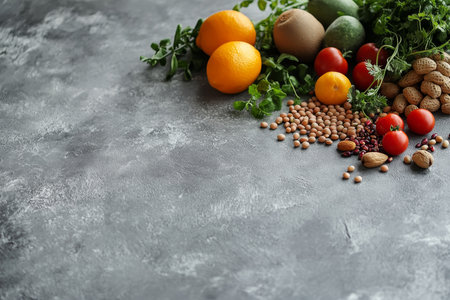 Vibrant display of healthy foods on gray concrete a celebration of nutrition and wellnessの写真素材