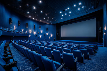 Stunning cinema hall featuring blue seating and large screen, ideal for presentations and postersの写真素材