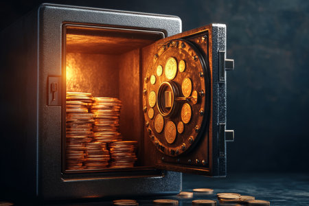 Open modern bank safe with coins on dark background for business and money protection conceptの写真素材