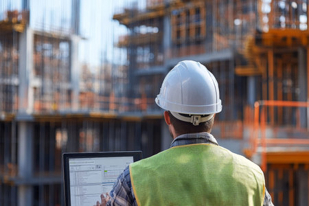Close up of male construction worker utilizing project management software at industrial site