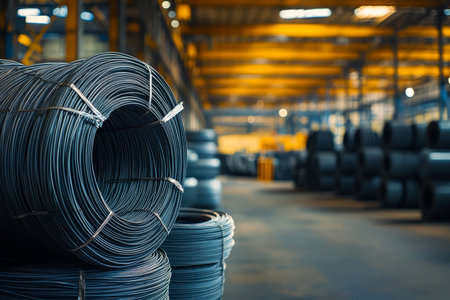 Stacks of steel wire in a warehouse with blurred industrial hall and rubber tires in backgroundの写真素材