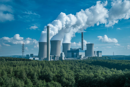 Power plant emitting white smoke surrounded by lush green forest under a clear blue sky in germanyの写真素材