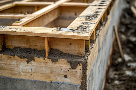 Close up of wooden formwork for concrete pouring at a construction site captured in stunning detailの写真素材