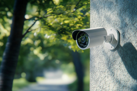 Close up 3d rendering of a white cctv camera mounted on a house wall in a forest setting