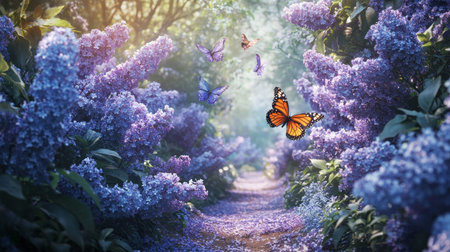 Charming lilac blooms and butterflies adorn a romantic spring garden pathway with colorful flowersの写真素材