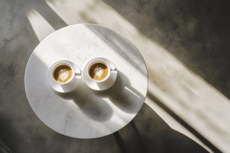 Cinematic flat lay of round white table with two coffee cups and sunlit shadows on the floorの写真素材