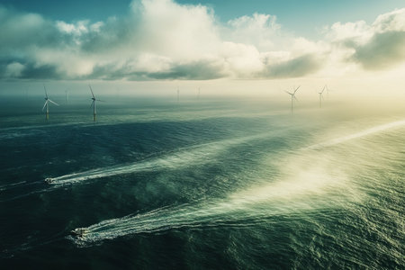 Aerial perspective of offshore wind turbines for sustainable energy production in the Dutch seaの写真素材