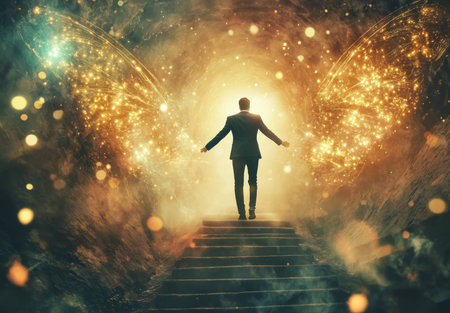 A businessman ascends stairs into the light, embracing success and dreams beyond a dark tunnel