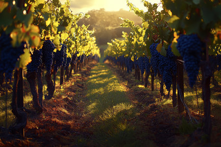 Autumn harvest in a vineyard lush green fields and dark blue grapes under sunlit skiesの写真素材