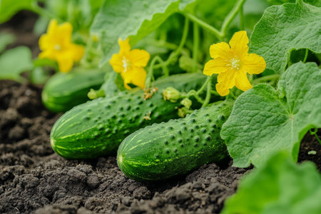 Close up of cucumbers and yellow flowers in a garden bed vibrant cucumis sativus macro photographyの写真素材