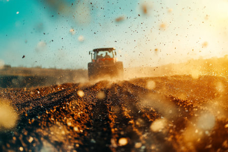 Vibrant spring scene tractor plowing field under clear blue sky with dust particles in airの写真素材