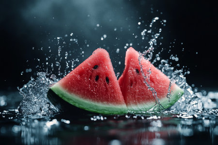 Watermelon splashes into water creating a colorful explosion against a dark backgroundの写真素材