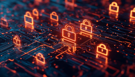 Digital background with glowing padlock icons on circuit board for cybersecurity and data protection