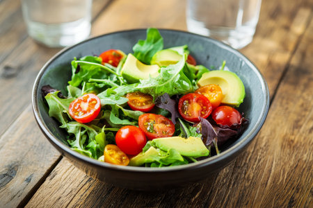 Vibrant avocado and cherry tomato salad with mixed greens on wooden table beside a glass of waterの写真素材