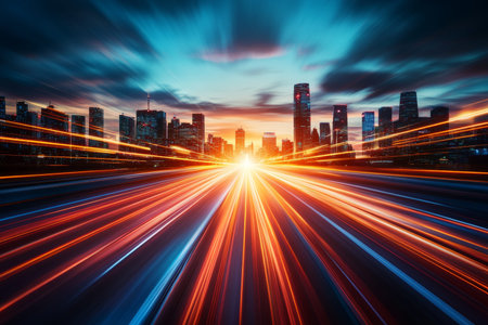 Sunset city skyline with motion blur, a futuristic vision for tech and business transformation