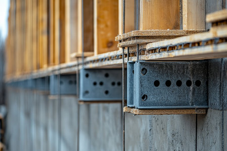 Close up of a construction site featuring steel forms and wooden elements for concrete structuresの写真素材
