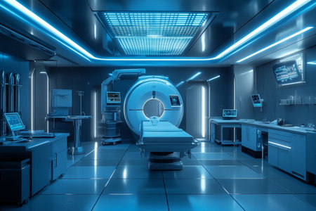 Futuristic medical laboratory featuring advanced mri scanner and digital radiography equipmentの写真素材