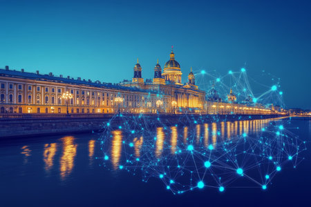 Nighttime view of stpetersburg palace and cityscape with digital connections representing big dataの写真素材