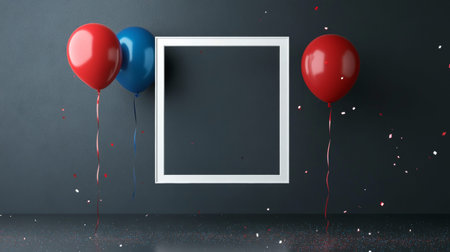 3d mockup of a white square frame with red and blue balloons on a dark gray wall backdrop