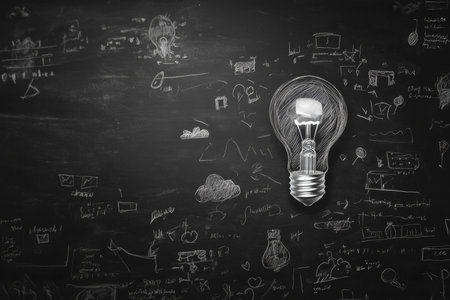 Light bulb soaring from chalkboard creative idea concept for business and education themesの写真素材
