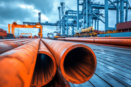 Steel and orange industrial pipes on dock with blue cargo container for transportation industryの写真素材