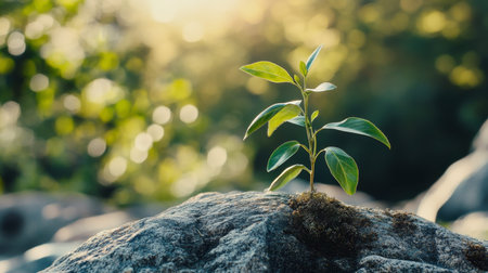 Close up of a young green plant thriving on a rock with blurred nature background symbolizing growth