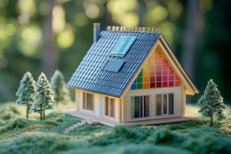 3d house model with energy chart and color palette in a lush forest for sustainable designの写真素材
