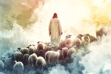 Stunning watercolor art of Jesus Christ in a white robe amidst clouds and flock of sheep