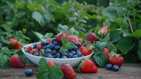 Vibrant fruit salad with strawberries and blueberries served in a white bowl on a wooden table