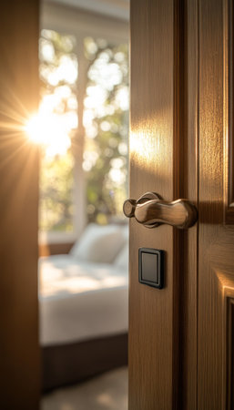Elegant digital card handle on luxury hotel room door with sunlit background and blurred bedの写真素材
