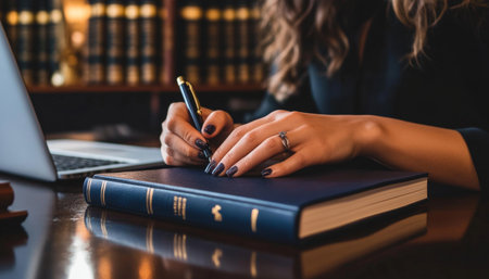 Close up of a woman s hands writing in a navy blue notebook on a desk with laptop and booksの写真素材